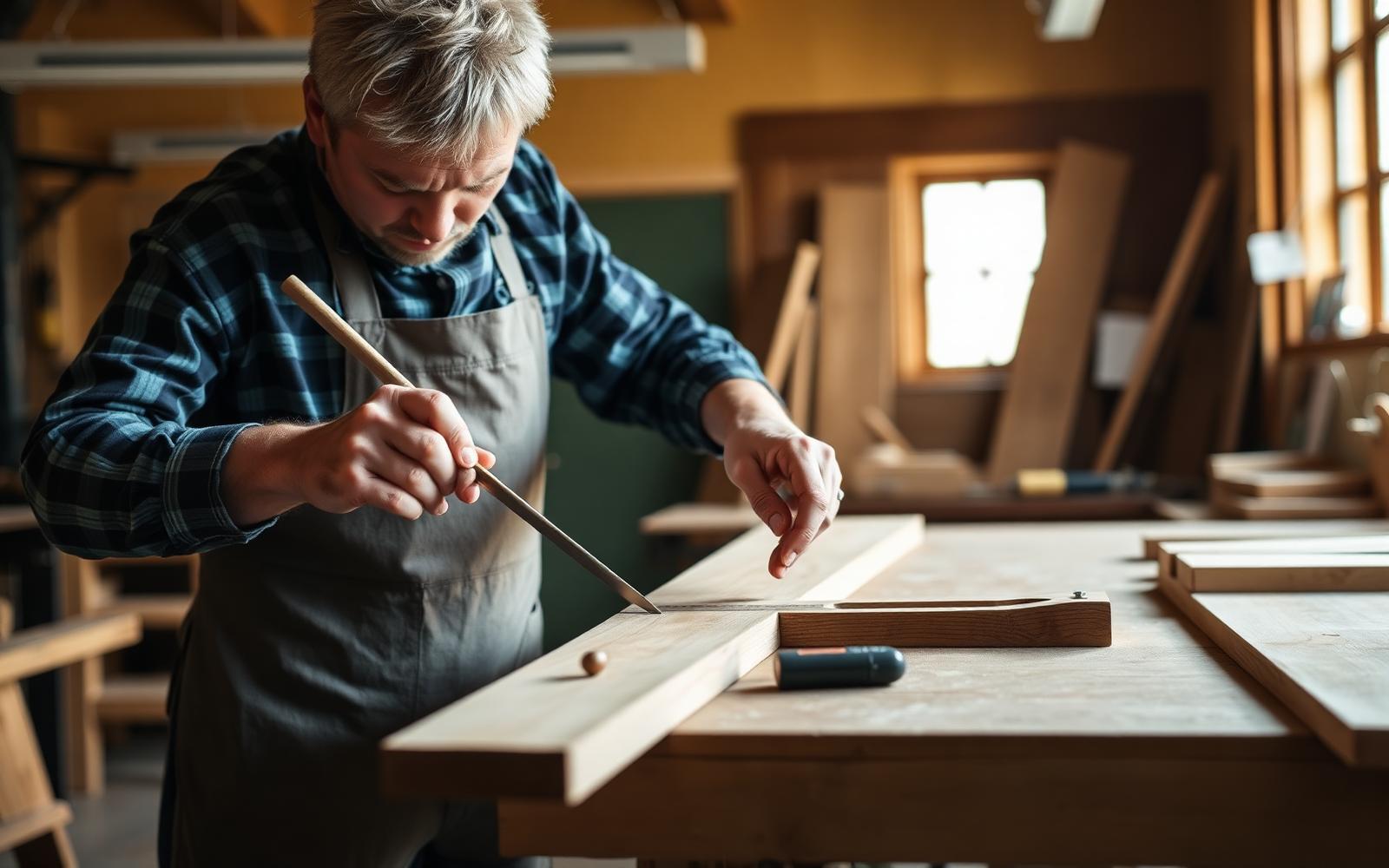 Craftsman measuring wood in workshop